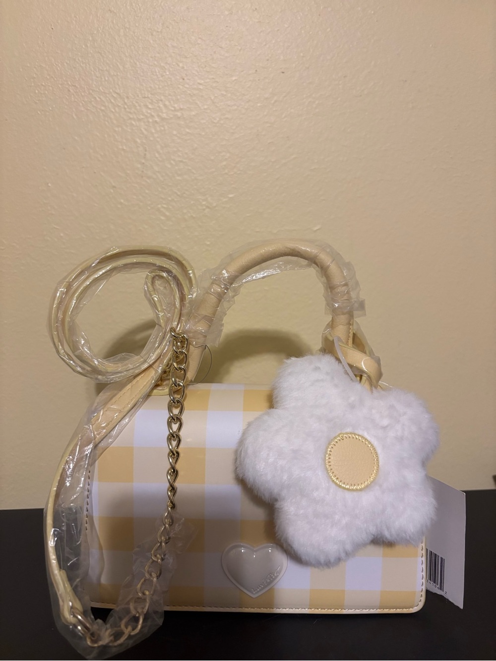 Betsey Johnson Yellow Gingham Crossbody with White Flower Charm